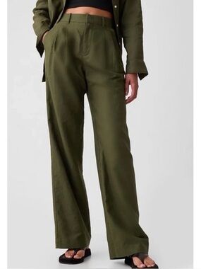 GAP Linen Cotton Wide Leg Pleated Pants 4 Tall Olive Green High Rise EUC